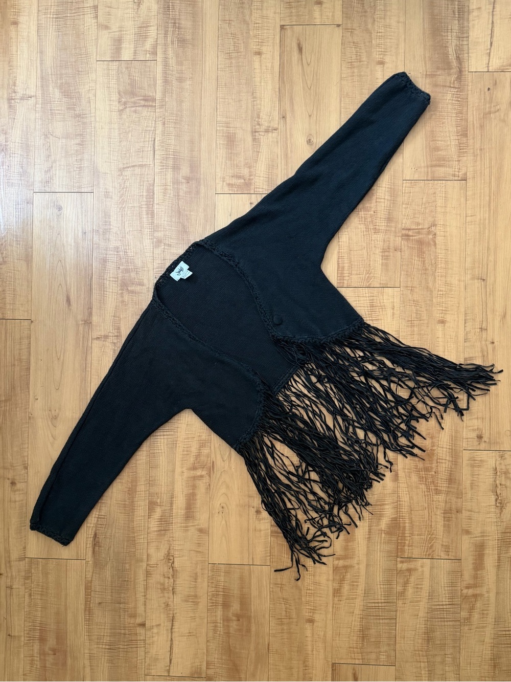 Boho Black Vintage 90s Cropped Cotton Leather Fringe Open Sweater Knit Cardigan